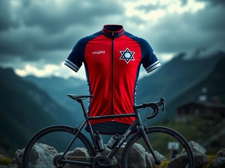 Flick International Modified cycling jersey against a blurred mountainous backdrop, reflecting the La Vuelta a España controversy