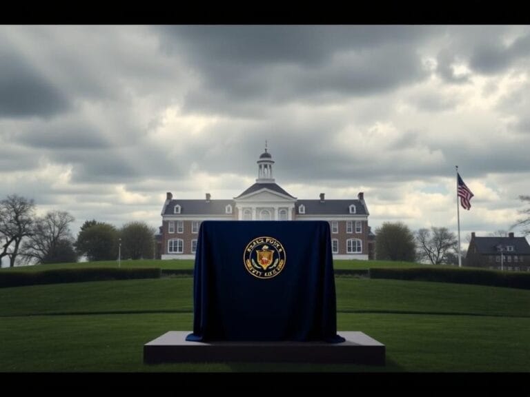 Flick International A solemn view of the West Point campus with Thayer Hall and an empty podium under a cloudy sky