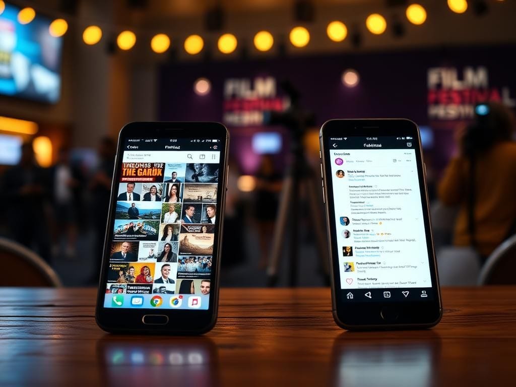 Flick International Split-screen image of two smartphones with contrasting social media interfaces on a wooden table