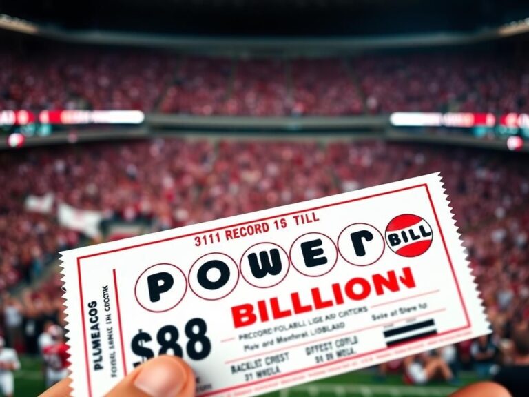 Flick International Powerball lottery ticket in vibrant colors with a blurred football stadium in the background
