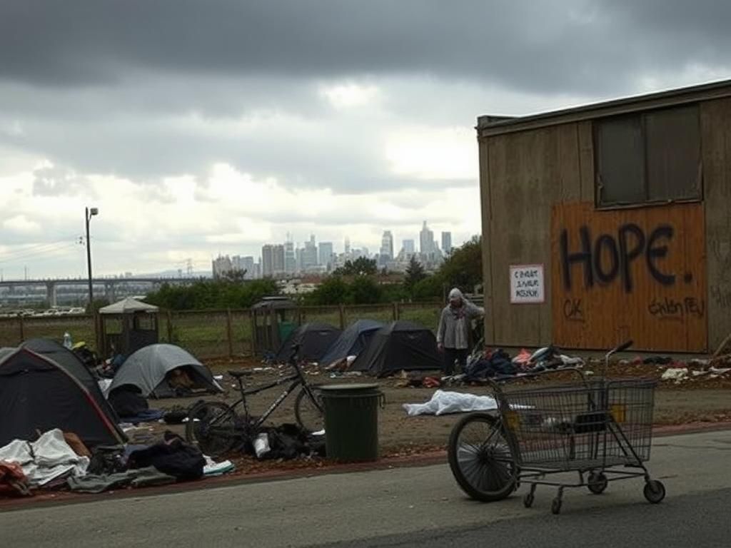Flick International Somber urban landscape showing a makeshift homeless encampment in Oakland, California