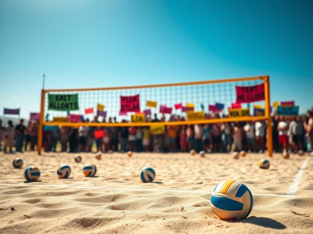 Flick International Dynamic volleyball court scene with a brightly colored net and scattered volleyballs against a vivid blue sky.