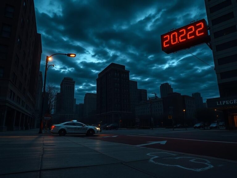 Flick International Dark cityscape at dusk with a police car beside a flickering streetlight