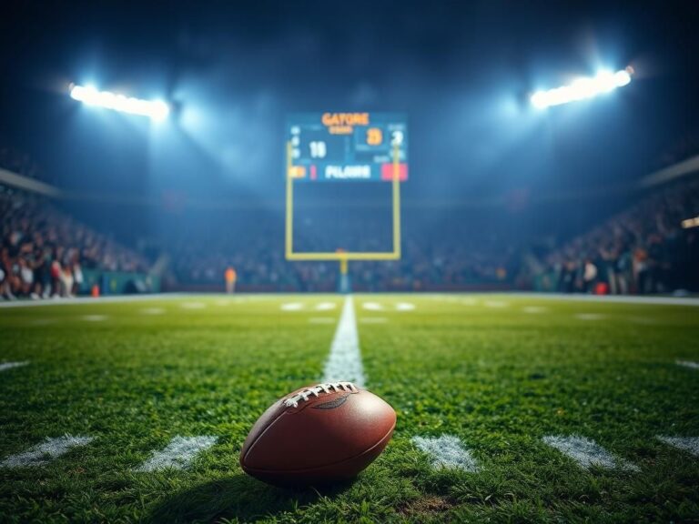 Flick International A dramatic football scene with a blurred focus on the 50-yard line and a football resting on the turf under stadium lights