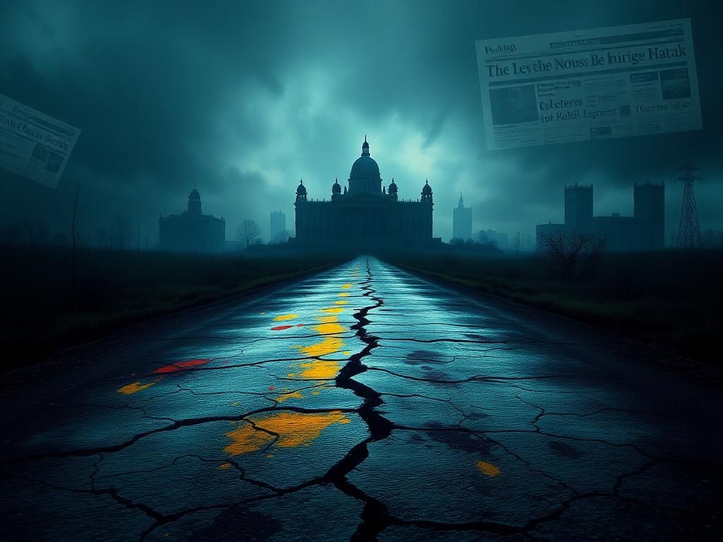 Flick International A dimly lit abstract representation of a divided landscape symbolizing political polarization.