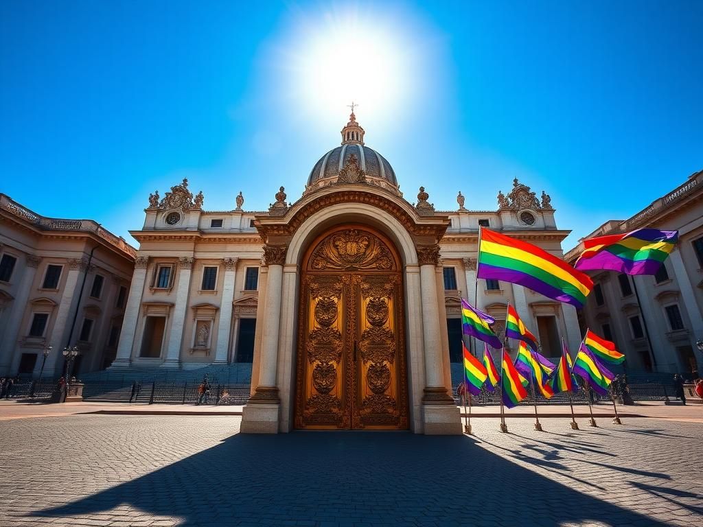 Flick International Majestic view of St. Peter’s Basilica with rainbow flags celebrating LGBTQ representation
