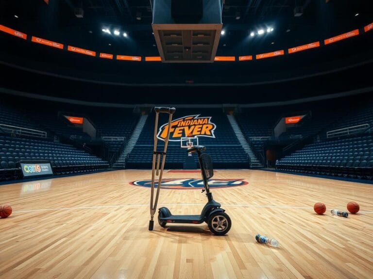 Flick International A somber basketball court scene highlighting crutches and a scooter, symbolizing the Indiana Fever's injured players.