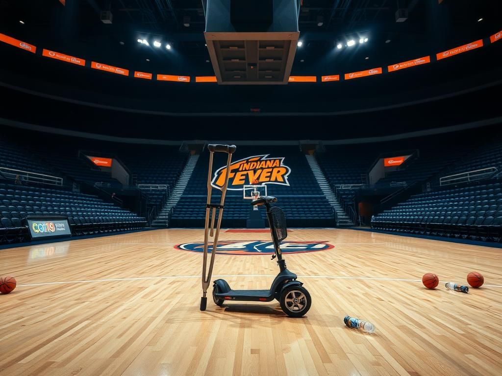 Flick International A somber basketball court scene highlighting crutches and a scooter, symbolizing the Indiana Fever's injured players.