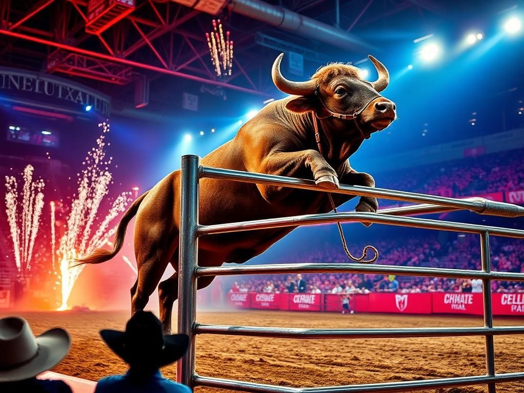Flick International A powerful bucking bull mid-action in a vibrant indoor bull riding arena