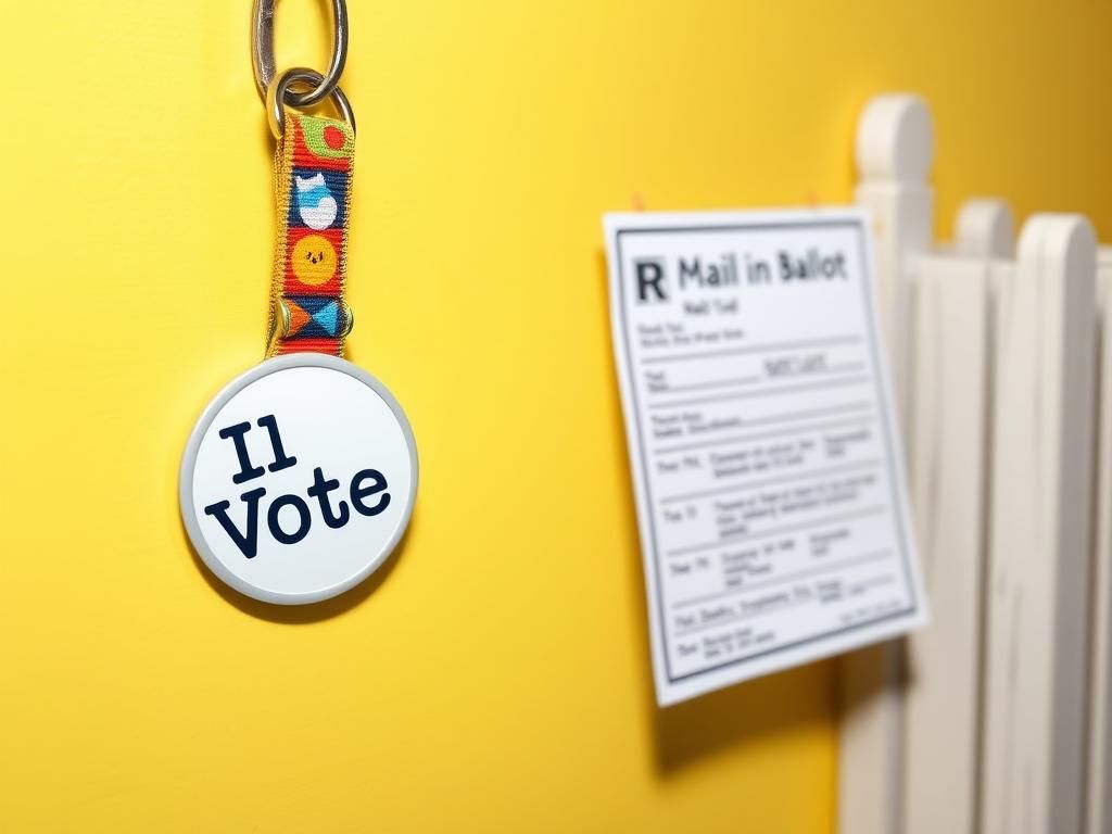 Flick International Colorful dog's collar with an 'I Voted' sticker and mail-in ballot addressed to a dog, highlighting a voting absurdity