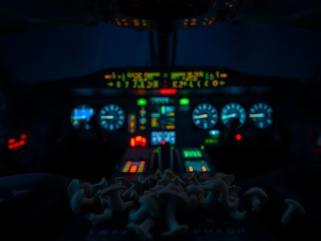 Flick International Cockpit view of an airplane's dashboard showing switched-off engine indicators and alarm lights