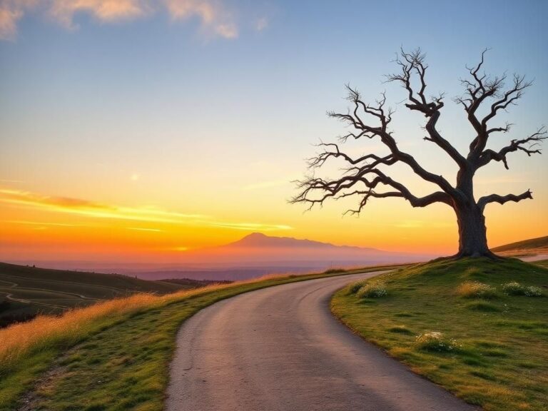 Flick International A serene landscape with a dawn-lit sky and a winding path leading to mountains, symbolizing political ambitions