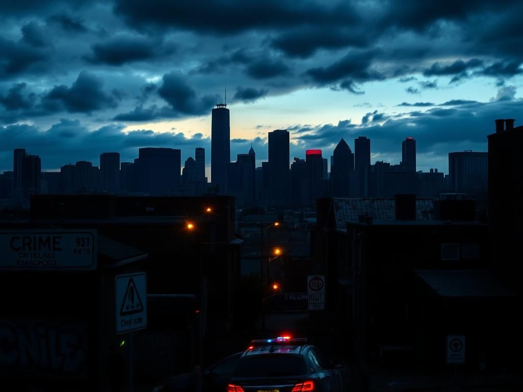 Flick International Dark urban landscape of Chicago at dusk, showcasing abandoned buildings and a police car