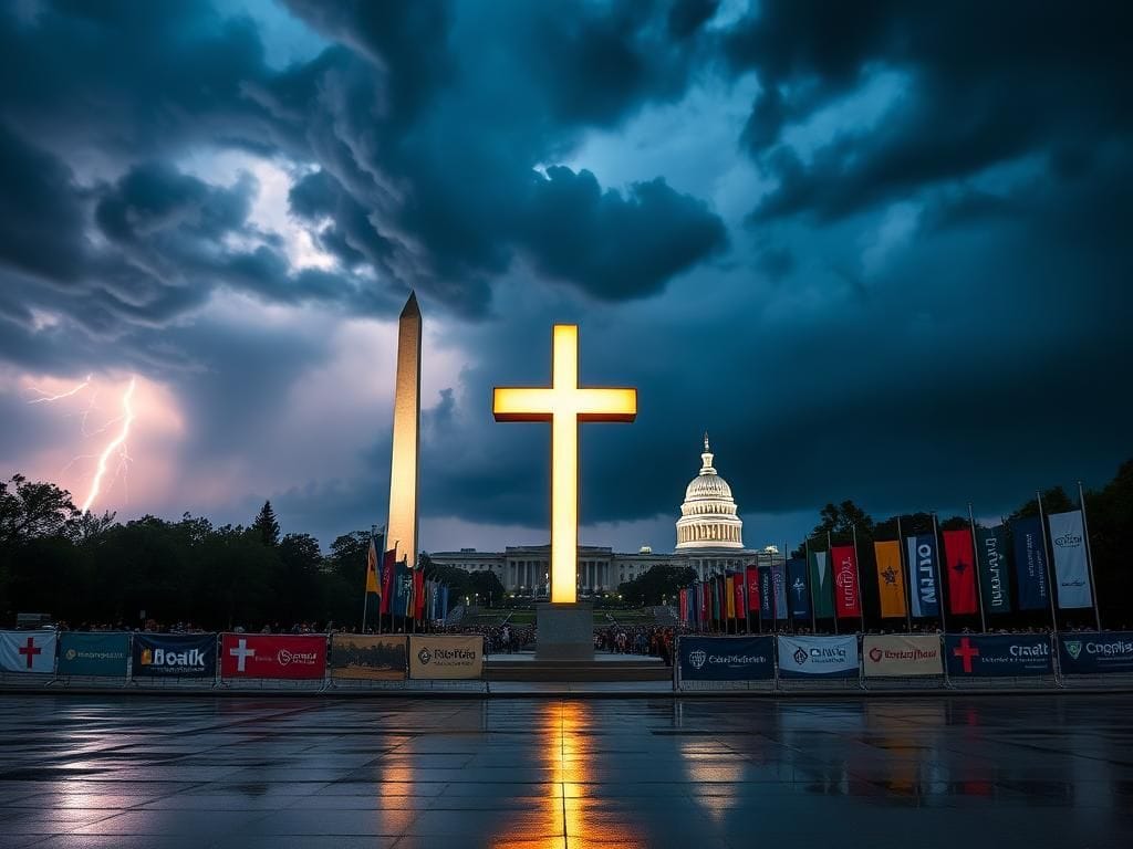 Flick International Wide shot of the National Mall at dusk with an illuminated cross and stormy skies