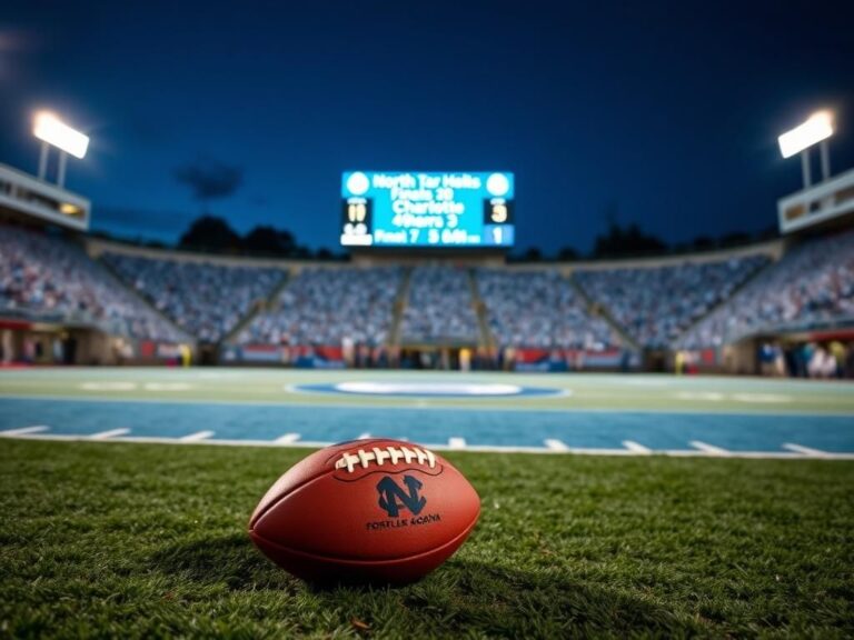 Flick International Nighttime football field scene showing the North Carolina Tar Heels colors with a football and chalked play