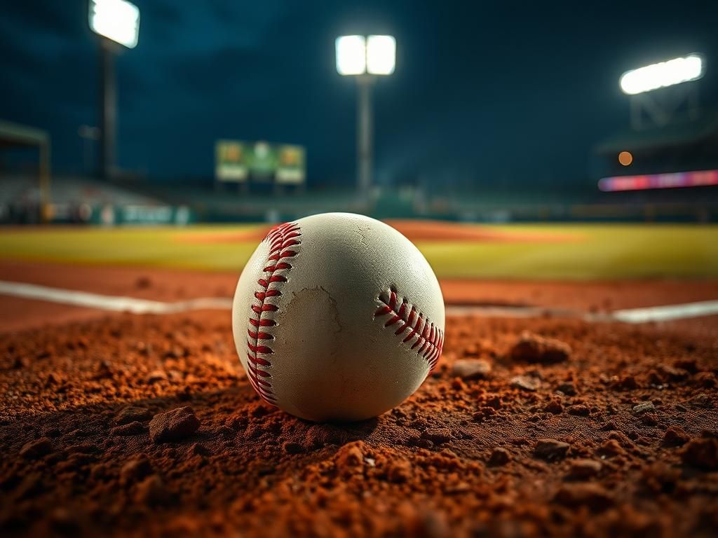 Flick International Close-up view of a baseball on home plate under stadium lights during a tense moment in a Dodgers game.
