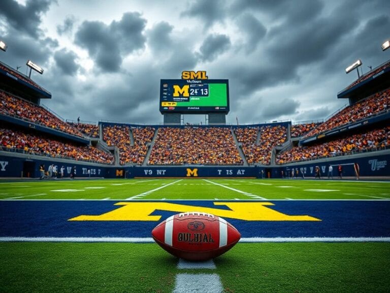 Flick International Dramatic scene of a Michigan Wolverines football game against the Oklahoma Sooners with a foreground football and scoreboard