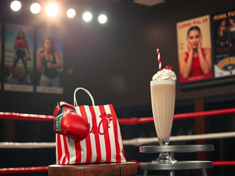 Flick International Boxing gloves and Chick-fil-A takeout bag in a boxing ring setting