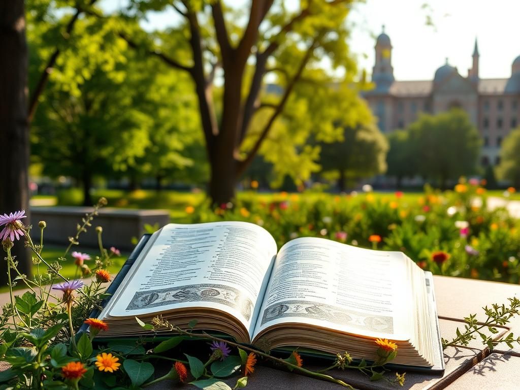 Flick International A beautifully designed open Gospel book on a college campus table surrounded by colorful wildflowers