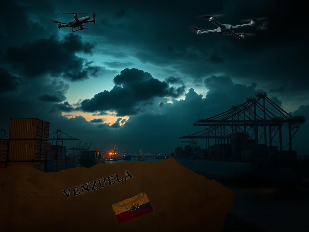 Flick International Dark and moody composite image of a Venezuelan port at twilight with shipping containers suggesting illicit cargo
