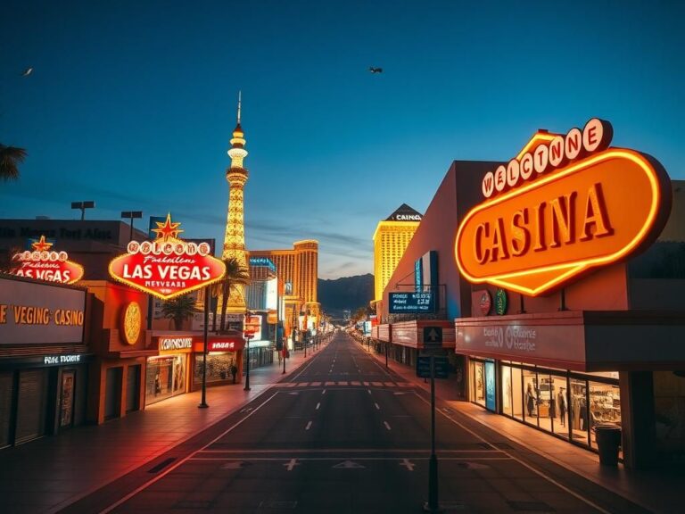 Flick International Las Vegas Strip at twilight with bright casino signs and empty walkways