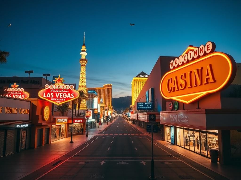 Flick International Las Vegas Strip at twilight with bright casino signs and empty walkways