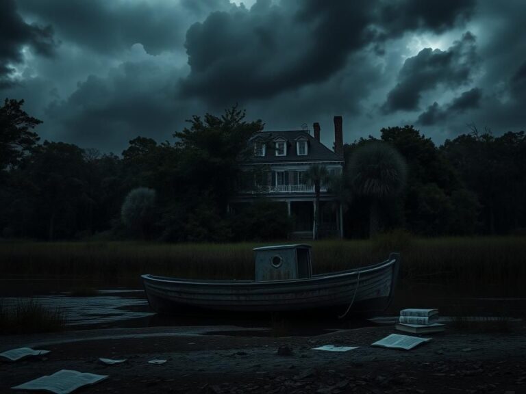 Flick International A dark, moody landscape of a dilapidated family estate in South Carolina at dusk, with an abandoned boat in the foreground.