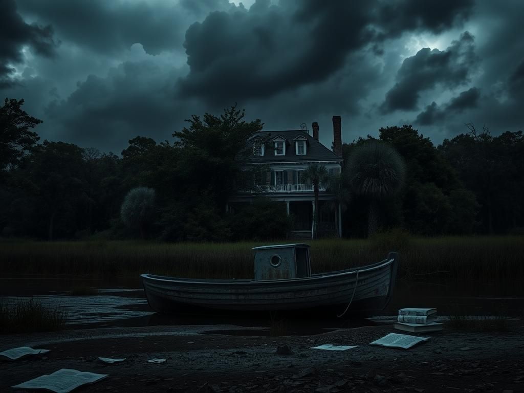 Flick International A dark, moody landscape of a dilapidated family estate in South Carolina at dusk, with an abandoned boat in the foreground.