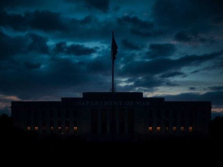 Flick International Silhouette of a grand historic building resembling the Pentagon with 'Department of War' inscribed, set against a dramatic dusk sky