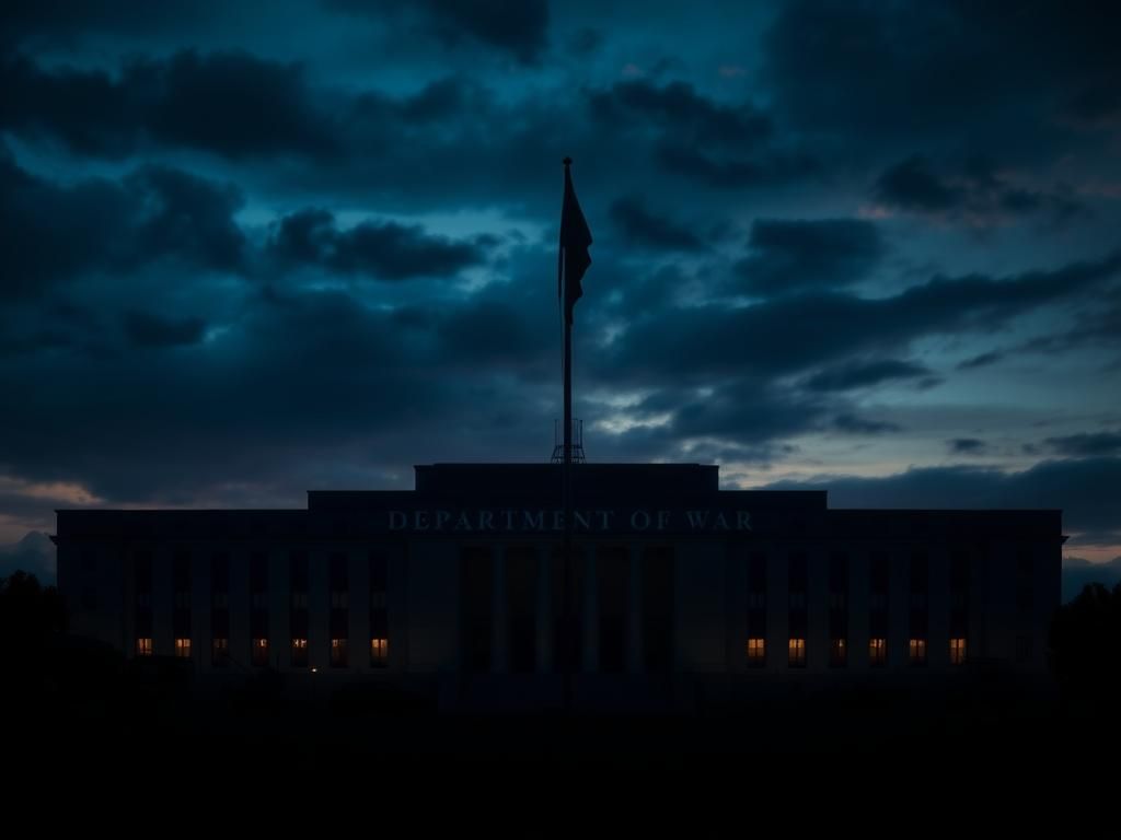 Flick International Silhouette of a grand historic building resembling the Pentagon with 'Department of War' inscribed, set against a dramatic dusk sky