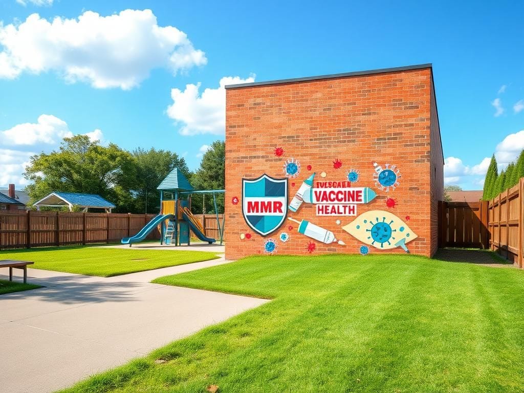 Flick International Tranquil schoolyard scene with a colorful mural depicting vaccines and community health messages