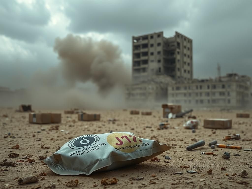Flick International Barren landscape in Gaza with a makeshift food distribution center and abandoned meal package