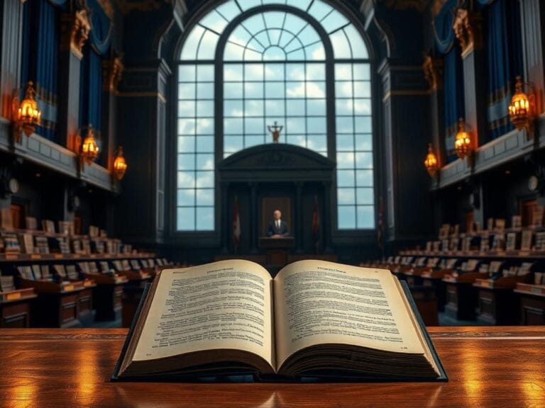 Flick International A solemn constitutional hall with an open book on a table, symbolizing rights and governance