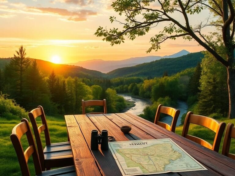 Flick International Serene landscape in Vermont with rustic table symbolizing inclusivity and wildlife rehabilitation