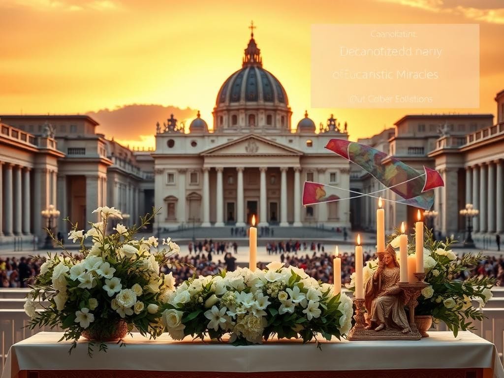 Flick International A serene scene of St. Peter's Square illuminated by sunset during the canonization ceremony of Carlo Acutis and Pier Giorgio Frassati