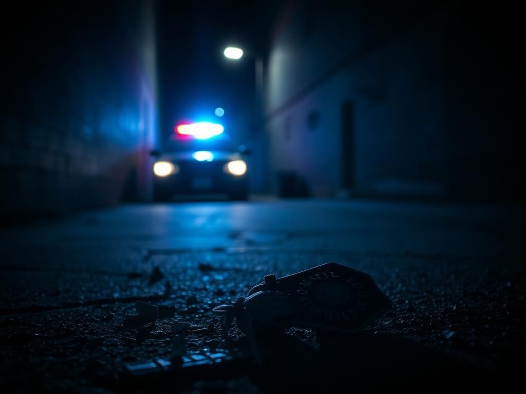 Flick International A dark alleyway with a discarded fake police badge and a blurred police vehicle silhouette