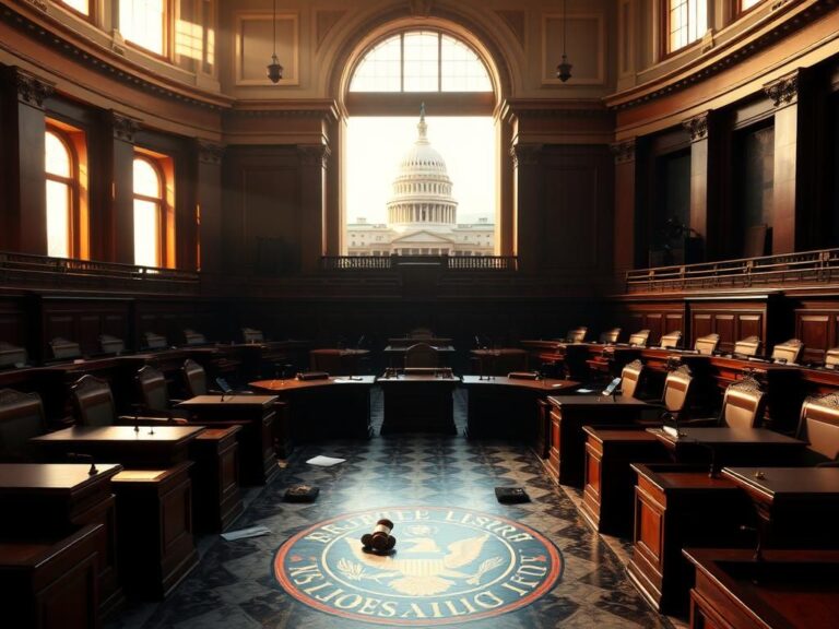 Flick International A grand, empty Senate chamber with polished wooden desks and chairs arranged in a semicircle, showcasing the Senate seal on the floor.
