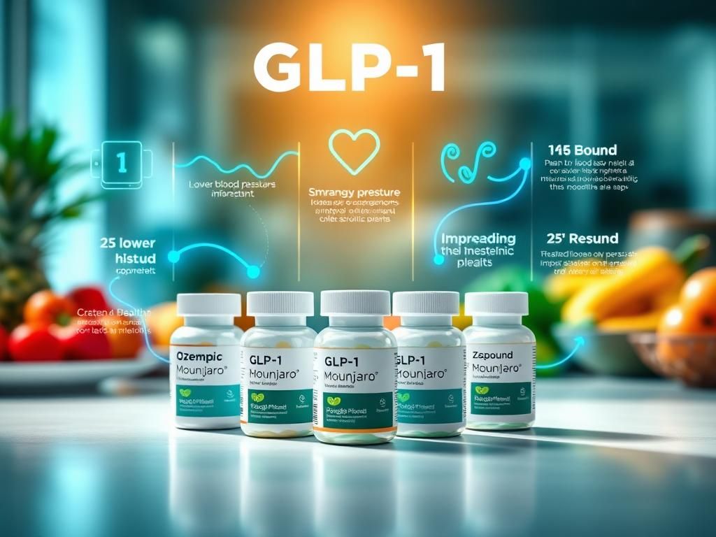 Flick International Three distinct pill containers labeled 'Ozempic', 'Mounjaro', and 'Zepbound' on a modern surface, representing GLP-1 weight-loss medications.