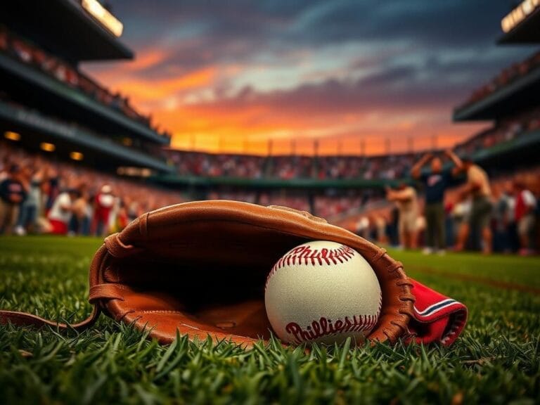Flick International A baseball glove on a green field with a baseball inside, amidst a baseball stadium atmosphere