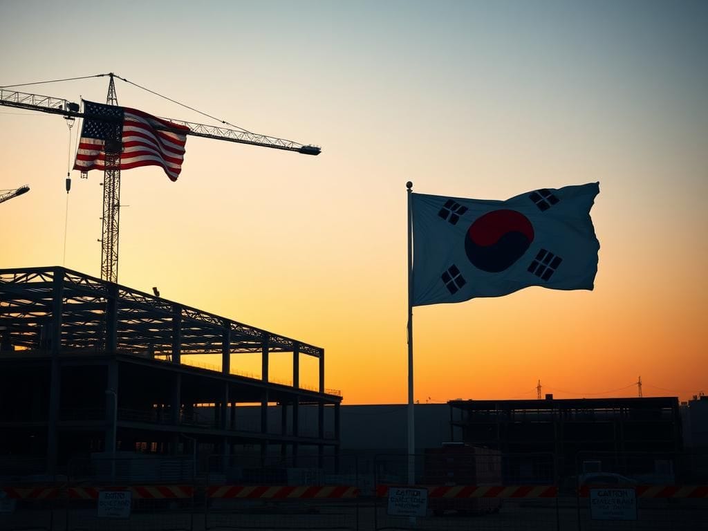Flick International A Hyundai automobile factory under construction in Georgia with cranes and flags.