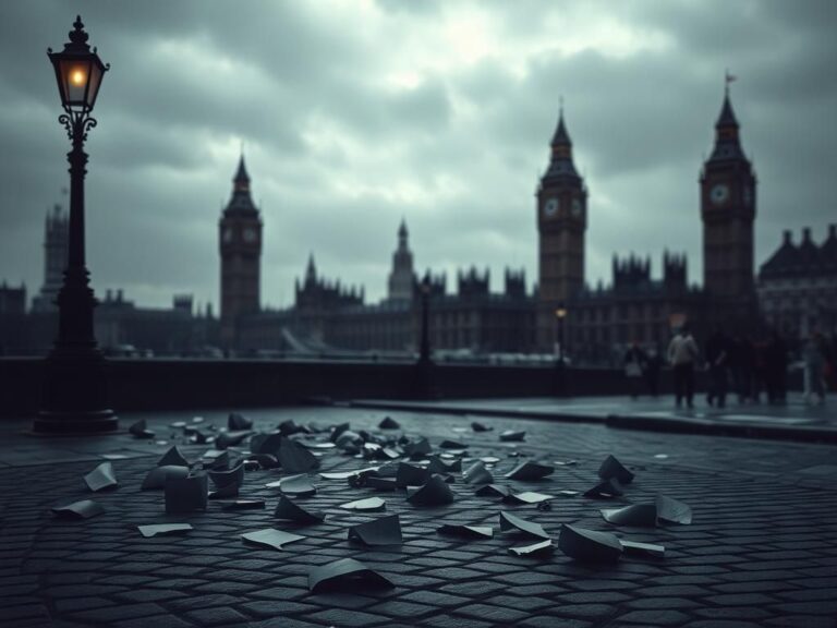 Flick International A somber cityscape in Britain with iconic landmarks and shattered speech bubbles symbolizing silenced voices