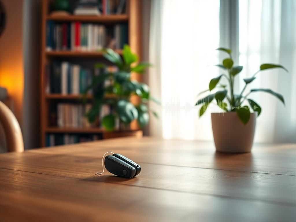 Flick International Cozy home environment featuring elegantly designed hearing aids on a wooden table