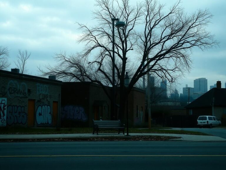 Flick International A desolate Chicago neighborhood with graffiti-covered walls and boarded-up windows