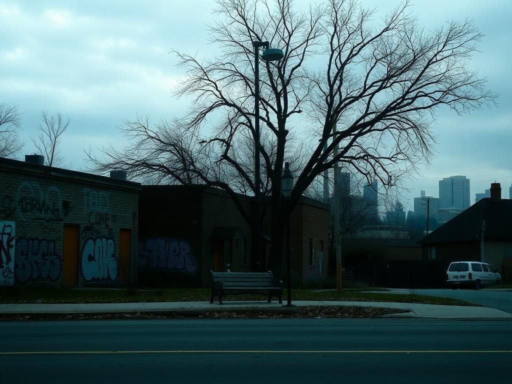 Flick International A desolate Chicago neighborhood with graffiti-covered walls and boarded-up windows