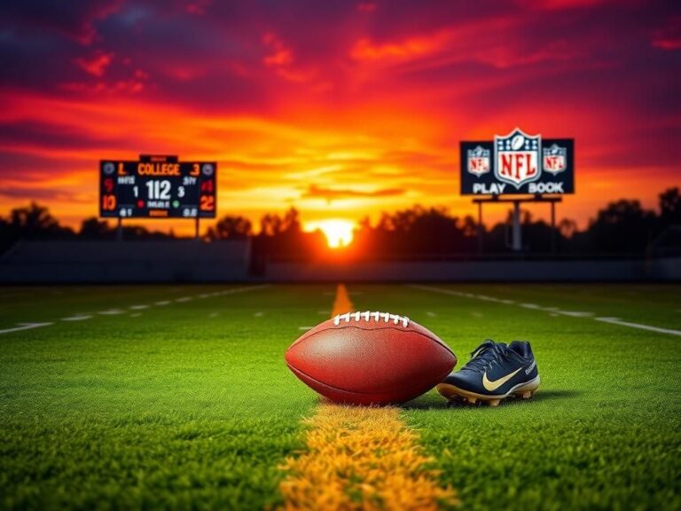 Flick International Dynamic football field at sunset with a football and cleats symbolizing a rookie's fresh start