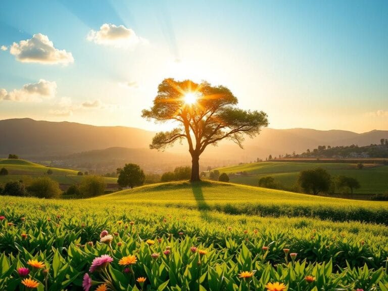 Flick International A serene sunrise landscape depicting a diverse community thriving in optimism and gratitude.