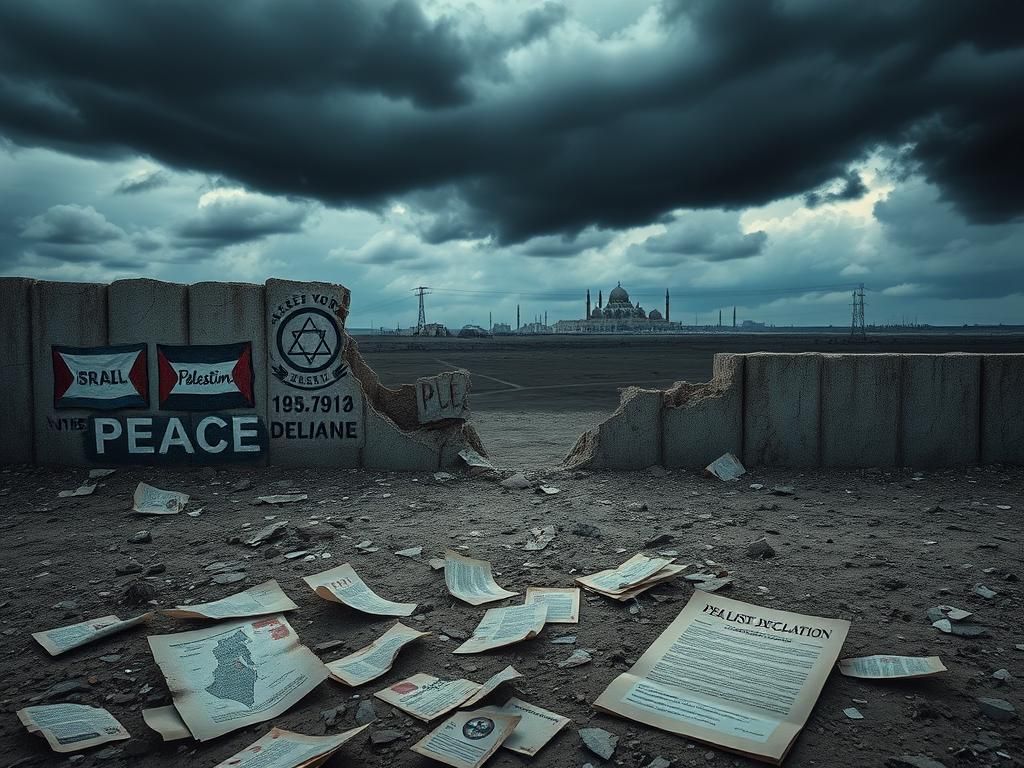 Flick International Crumbling wall symbolizing division with dark stormy sky in the background