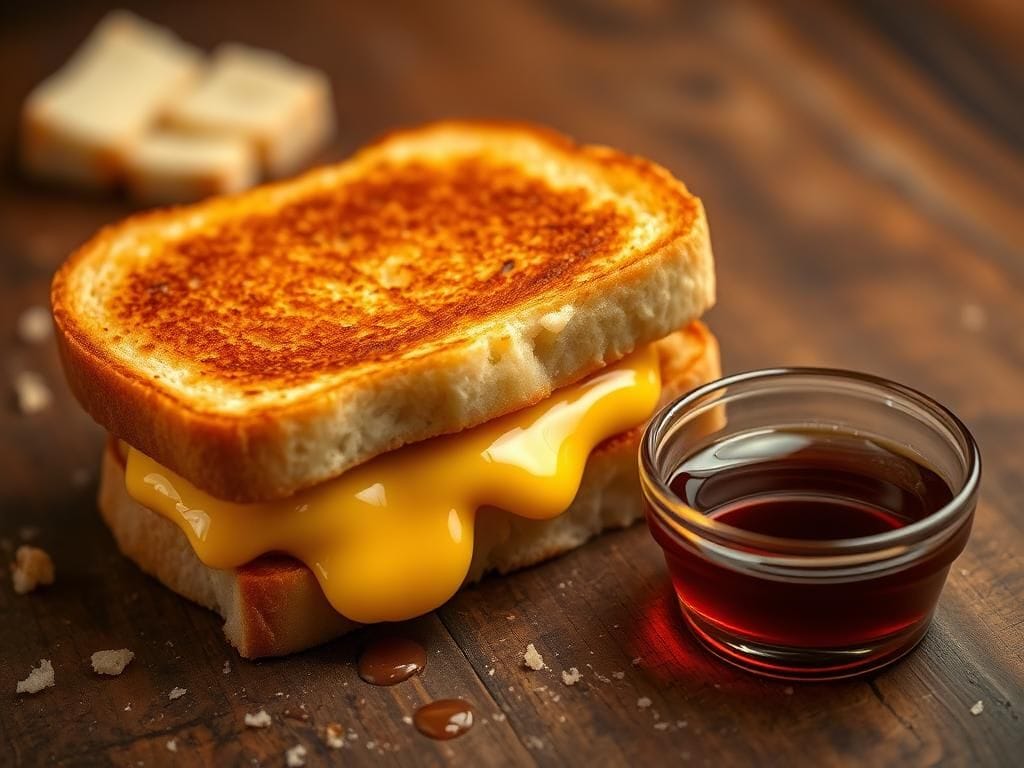Flick International Close-up of a golden grilled cheese sandwich with melted cheese and a bowl of maple syrup