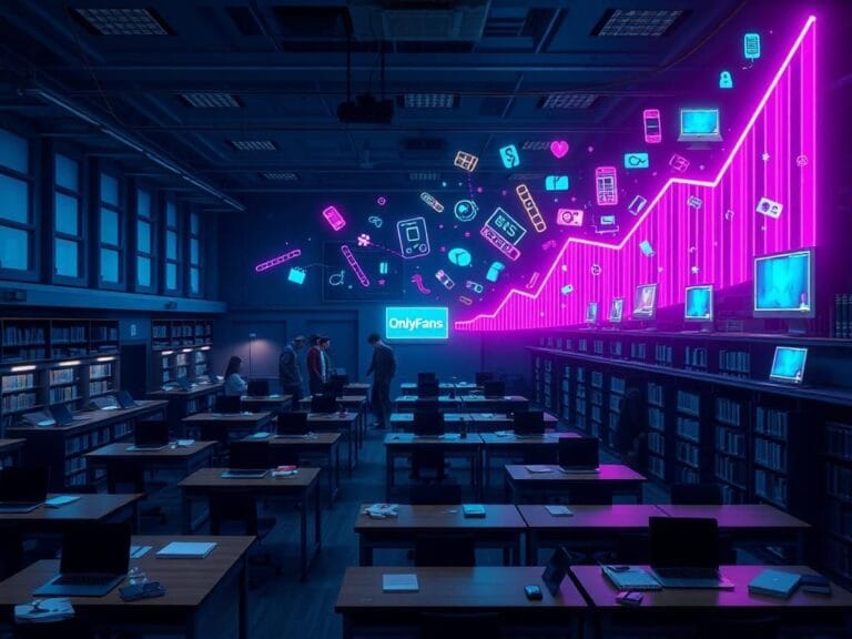 Flick International Chaotic college campus scene symbolizing academic pressure with empty lecture halls and vibrant digital representations of content creation.