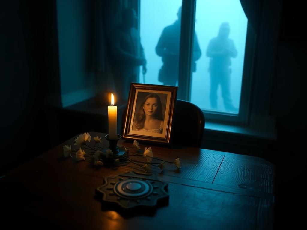 Flick International A somber room with a flickering candle and a framed photograph of JonBenet Ramsey.